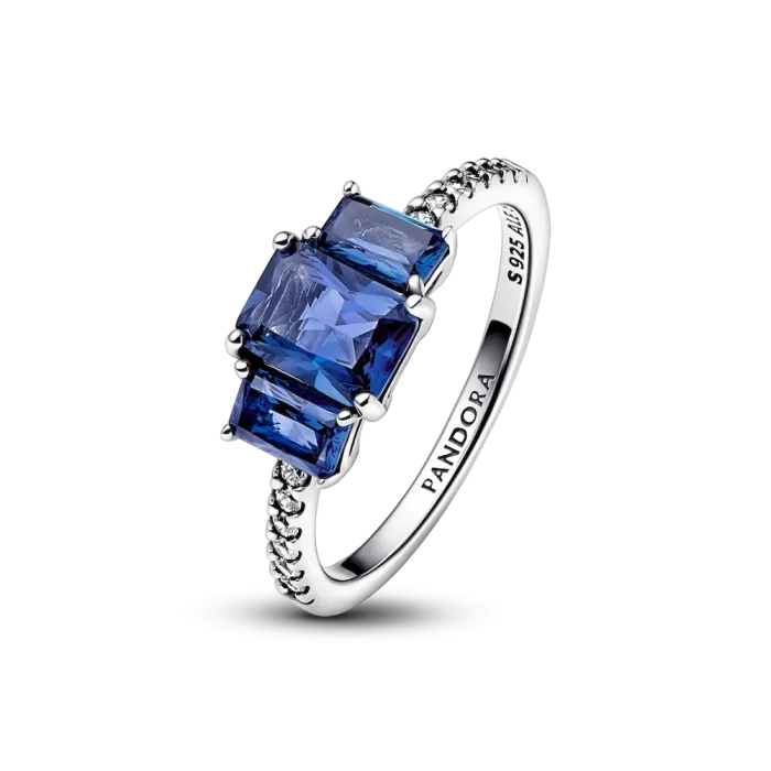 Blue Rectangular Three Stone Sparkling Ring - Image 5