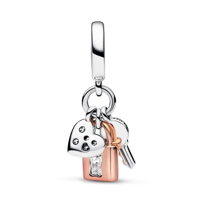 Two-tone Key, Padlock & Heart Triple Dangle Charm - Image 4