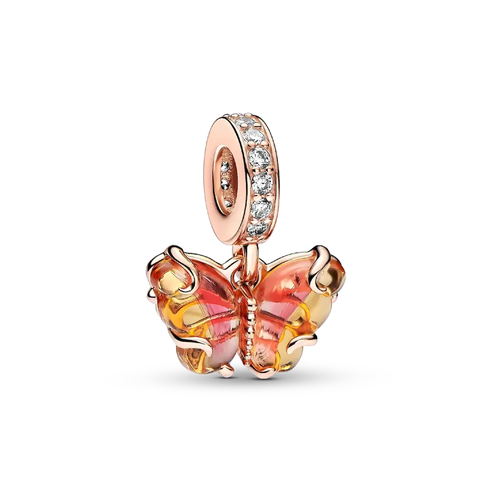 Pink & Yellow Murano Glass Butterfly Dangle Charm