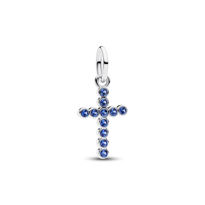 Sparkling Blue Round Bezel Cross Pendant Necklace - Image 3