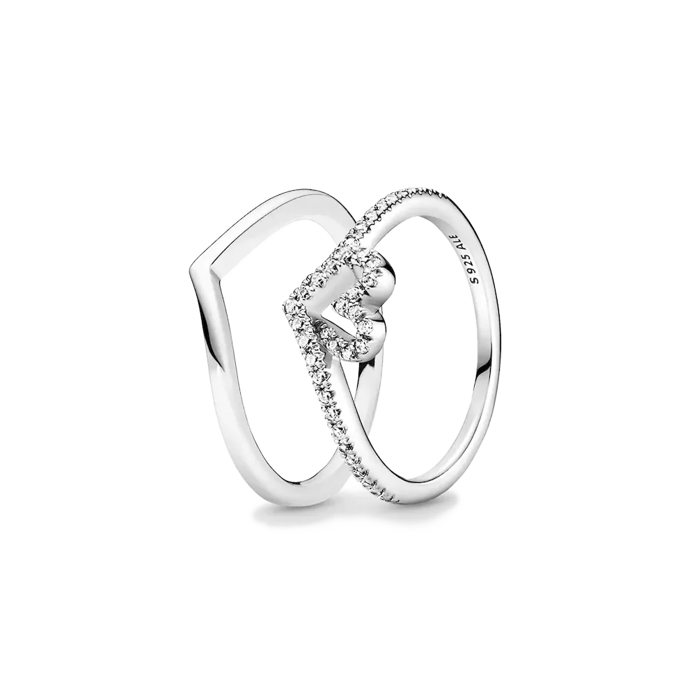 Sparkling Wishbone Heart Ring Set