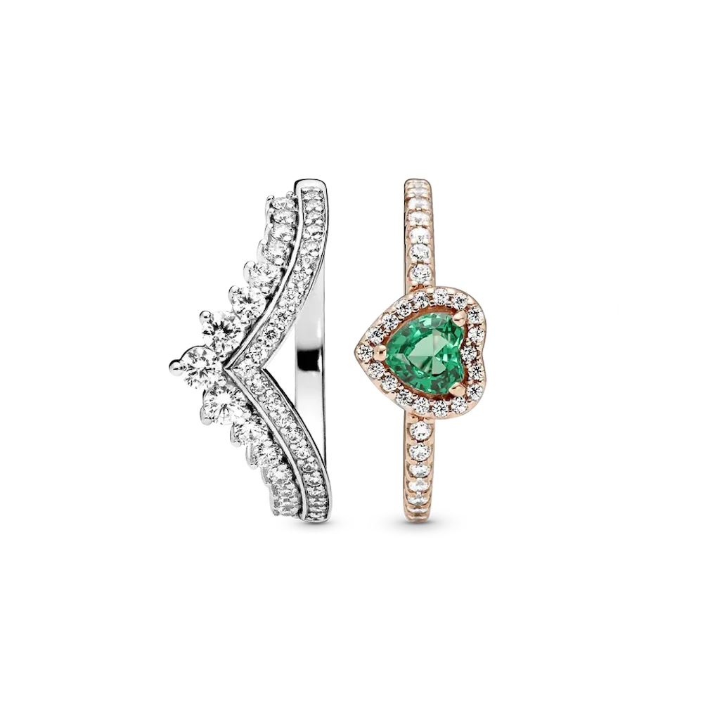 Green Heart Princess Wishbone Stacking Ring Set