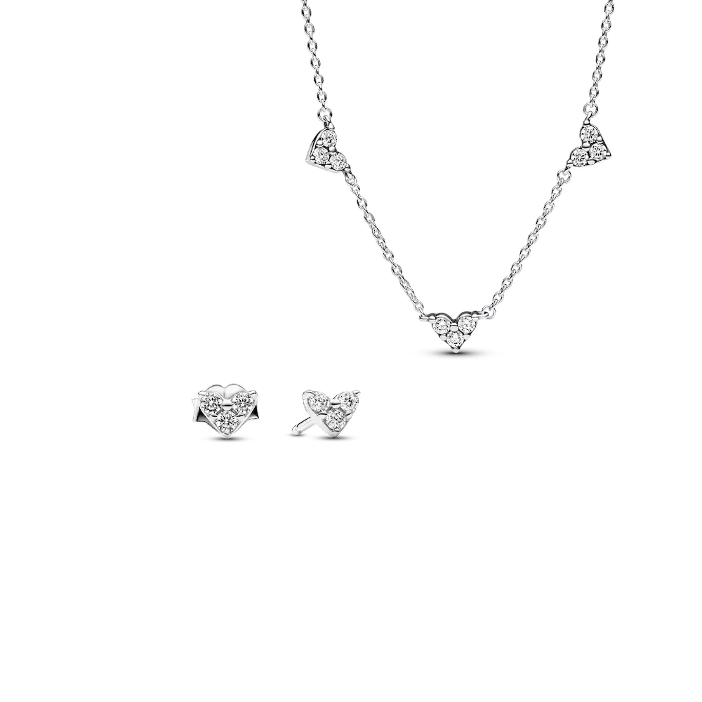 Triple Stone Heart Station Necklace and Earring Set