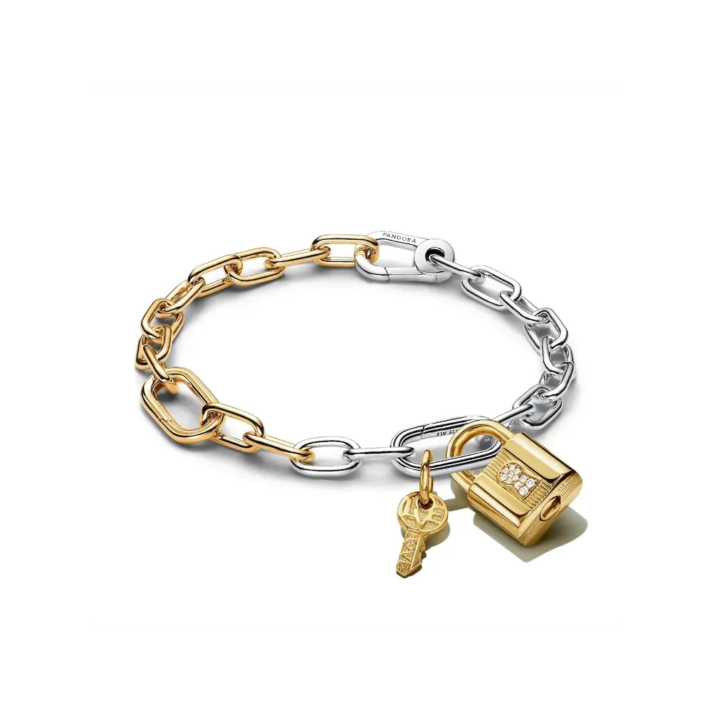 Two Tone Lock and Key Bracelet and Charm Set