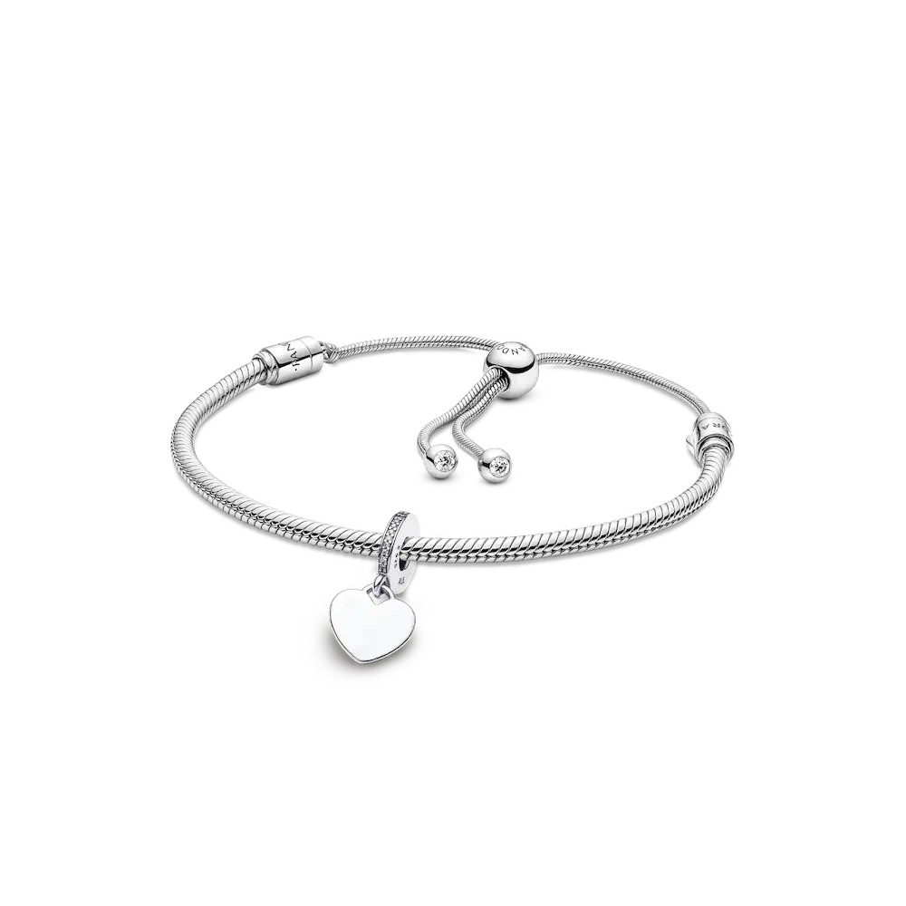 Engravable Heart Tag Dangle Charm Snake Chain Slider Bracelet Set