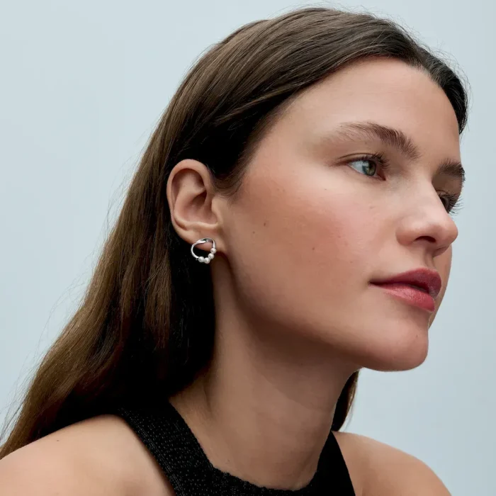 Organically Shaped Circle & Treated Freshwater Cultured Pearls Stud Earrings - Image 3