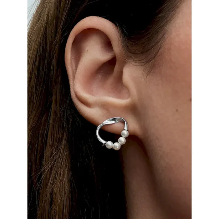 Organically Shaped Circle & Treated Freshwater Cultured Pearls Stud Earrings - Image 2