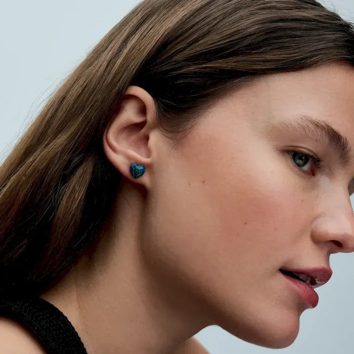 Opalescent Green Heart Stud Earrings - Image 3