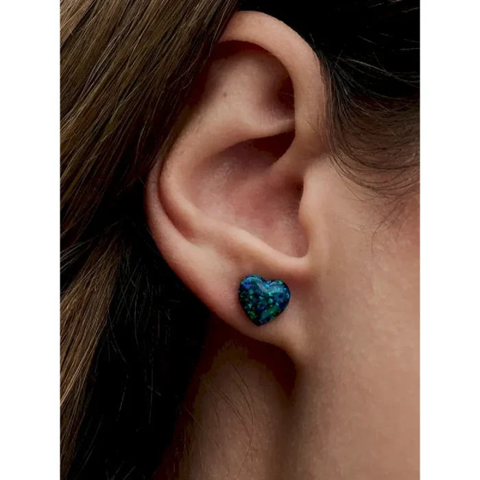 Opalescent Green Heart Stud Earrings - Image 2