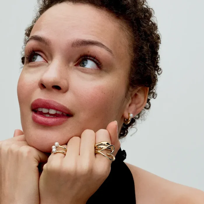 Treated Freshwater Cultured Pearl & Organically Shaped Hoop Earrings - Image 2